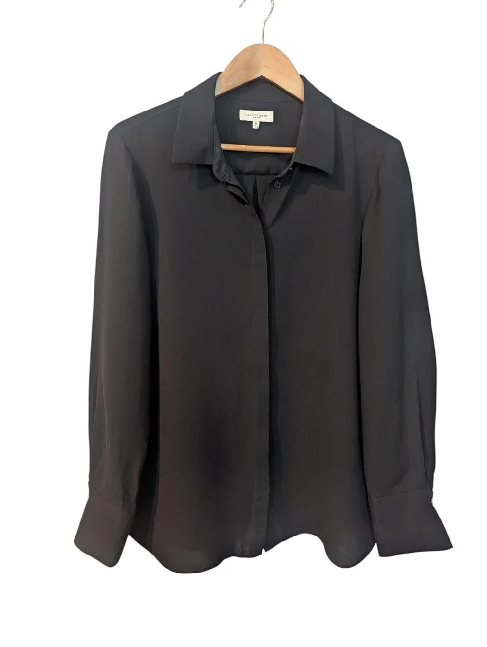 LAFAYETTE 148 Scottie Black Silk Button-Front Collared Blouse Large - Picture 3 of 7
